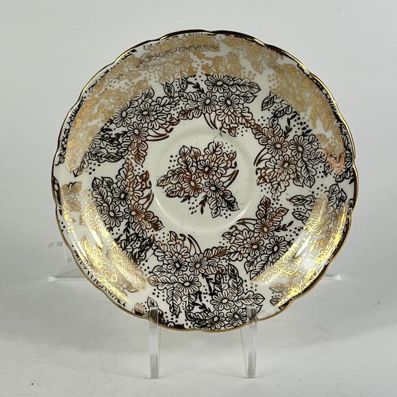 Colclough England Genuine Bone China Teacup Saucer Set Black Gold Floral Pattern - Picture 11 of 16